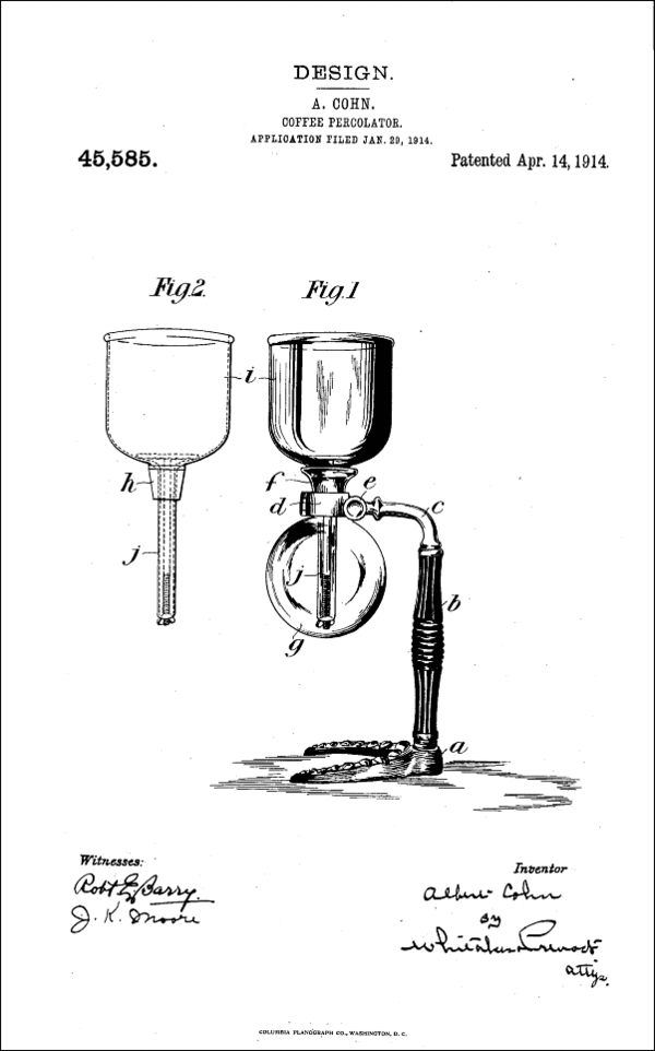 Albert Cohn의 CONA 사이폰 커피 메이커 디자인특허 [사진제공 : Wikipedia]